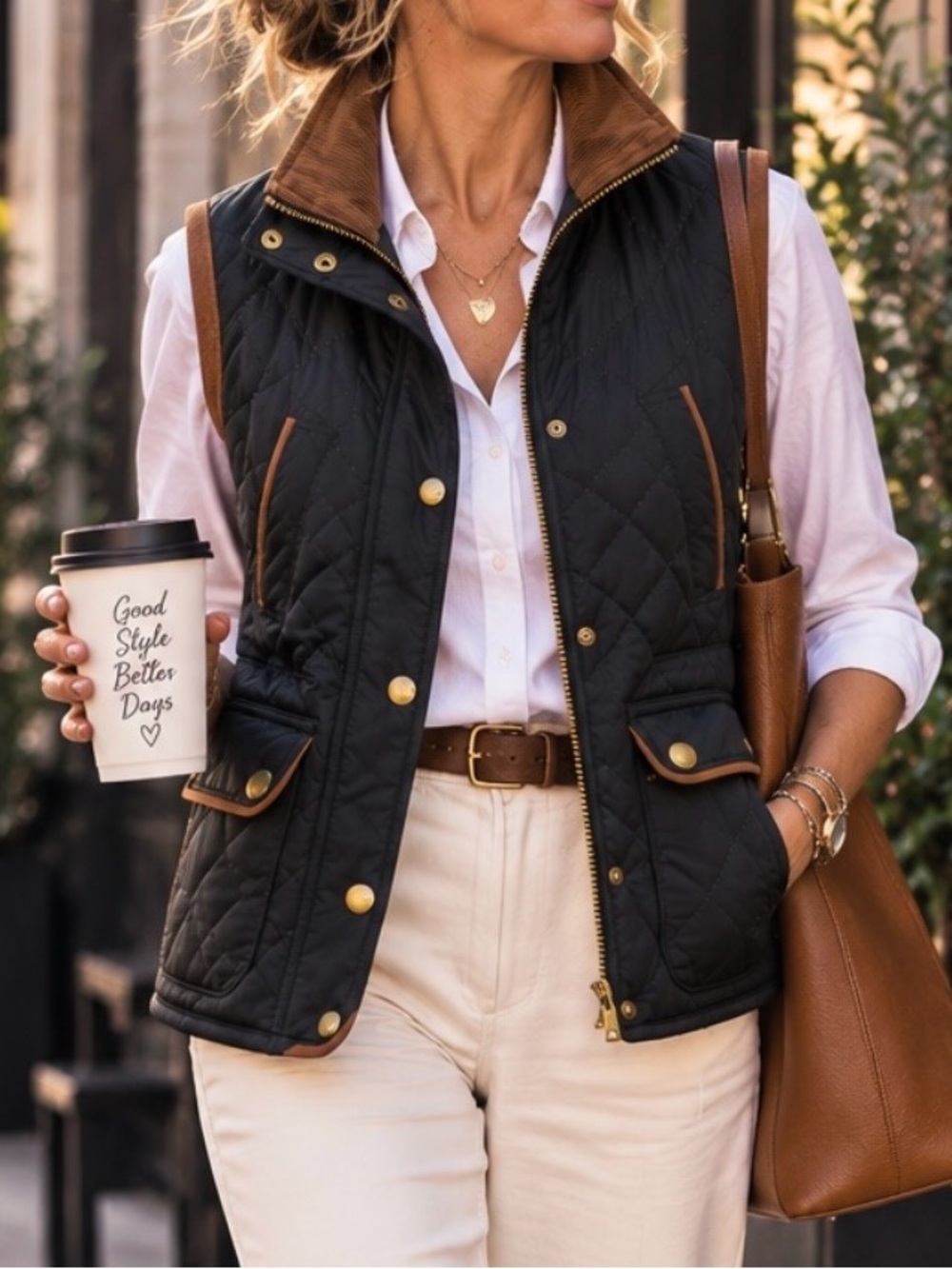 Ralph Lauren Black Quilted Vest with Brown Trim